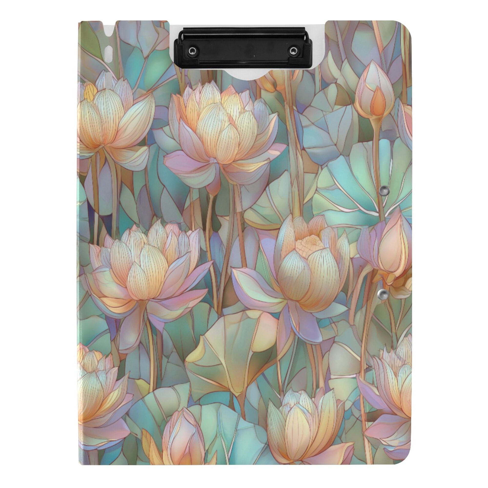 FORMRS A4 Clipboard Folder with Pen Holder Horizontal Foldable School Office Binder, Colorful Water Lilies Pattern