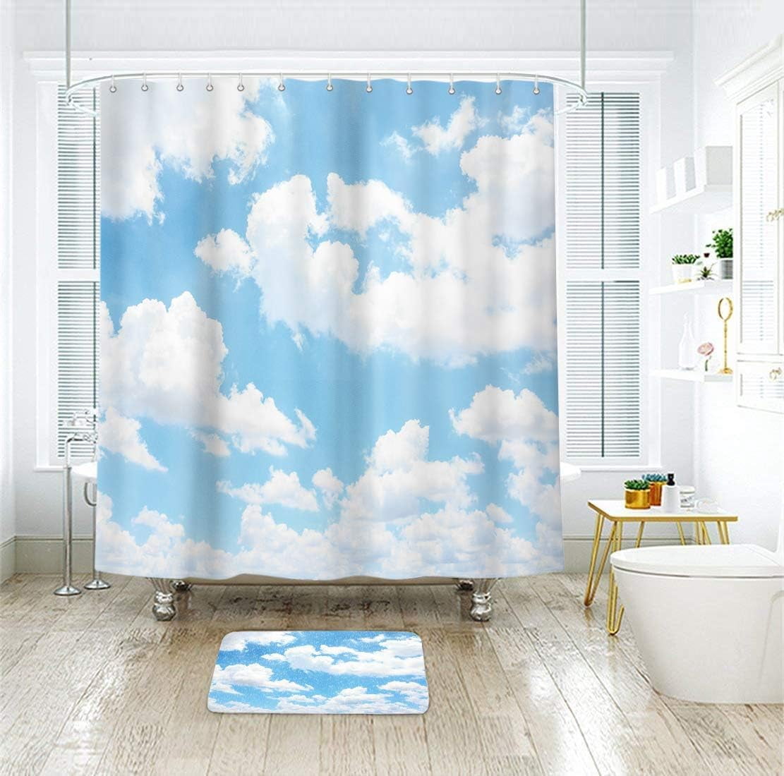 Blue Sky White Cloud Shower Curtain Natural Landscape Scenery Waterproof Fabric 72x72 Inch Polyester Bathroom Bathtub Decoration 12 Pack Plastic Hooks