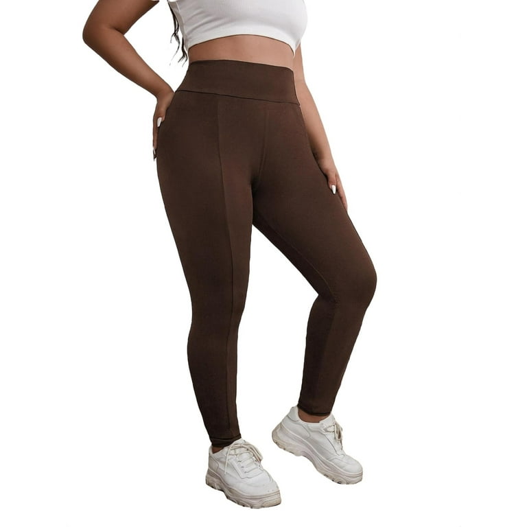 Casual Solid Chocolate Brown Plus Size Leggings