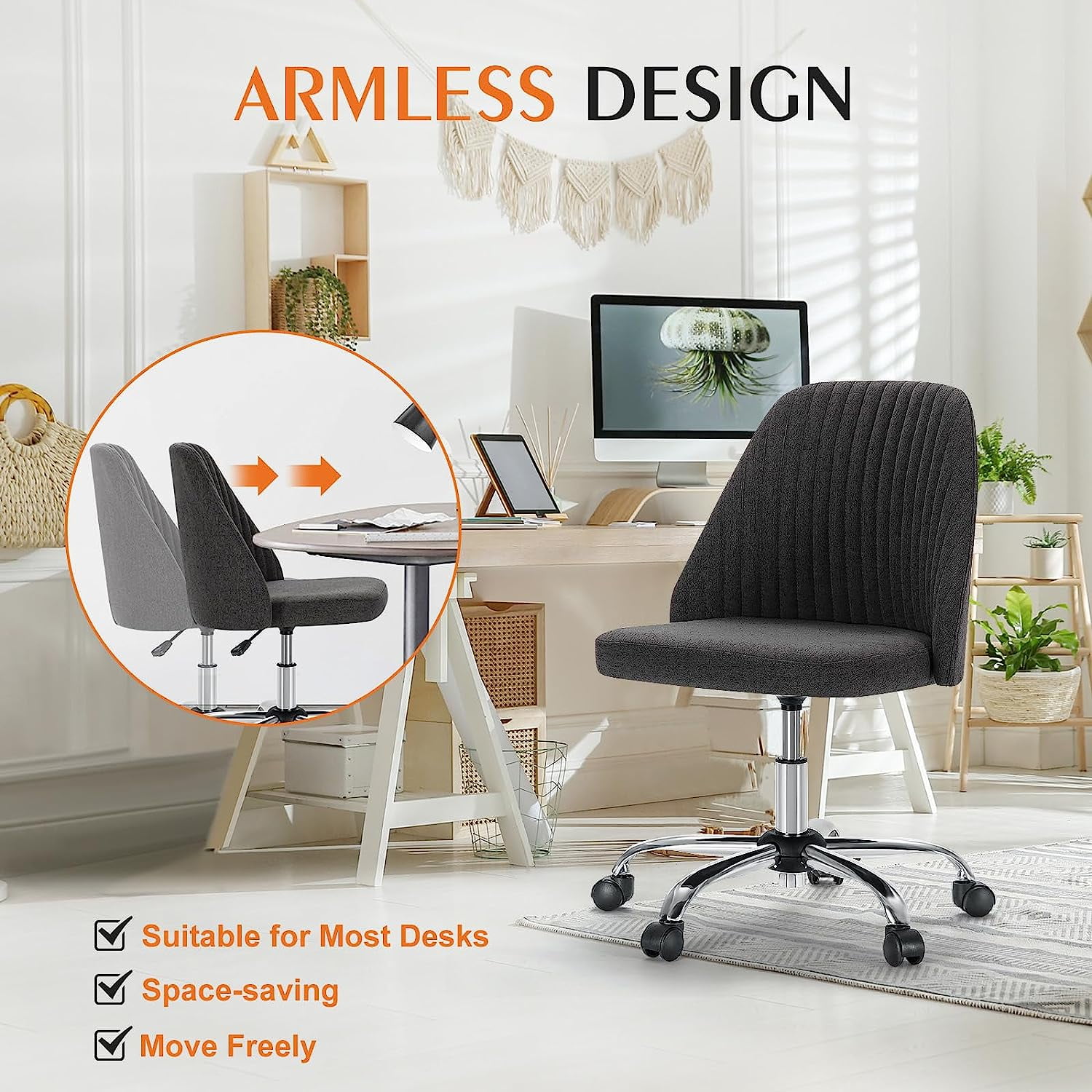 Colorful Linen Desk Chair, Comfy Thick Seat with Swivel Wheels, Armless Task Chair, Dark Gray