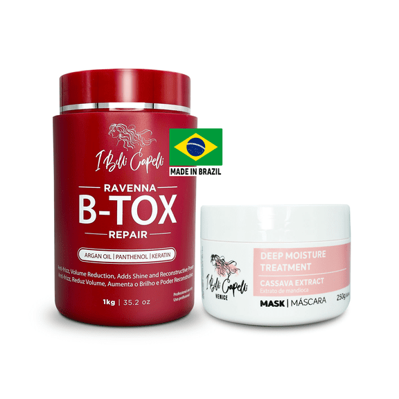 Kit I Belli Capelli Hair Ravenna B-tox Repair 1Kg/35.2 oz and Venice Máscara Extrato Mandioca 250g/8.8 oz Complete Treatment