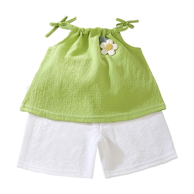 Ulanda Ensembles Courts pour Filles, Débardeur Sans Manches Imprimé d'Été Décontracté à Col Rond Ensemble 2 Pcs pour Enfants (Vert, 3-4 Ans)
