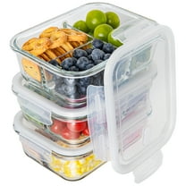 Glass Food Storage Container with Lids, 3 Pack 34 Oz Meal Prep Containers, 1 & 2 & 3 Compartment Lunch Container, Airtight Bento Box with Leak Proof Locking Lids, Microwave, Dishwasher Safe, BPA Free