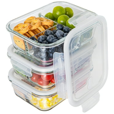Glass Food Storage Container with Lids, 3 Pack 34 Oz Meal Prep Containers, 1 & 2 & 3 Compartment Lunch Container, Airtight Bento Box with Leak Proof Locking Lids, Microwave, Dishwasher Safe, BPA Free