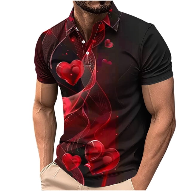 Camisa Casual Impresa Del Día de San Valentín de los Hombres, Manga Corta Top Del Botón de la Solapa para el Aire Libre Y el Ocio, Suéter de Tela de Malla Ligera