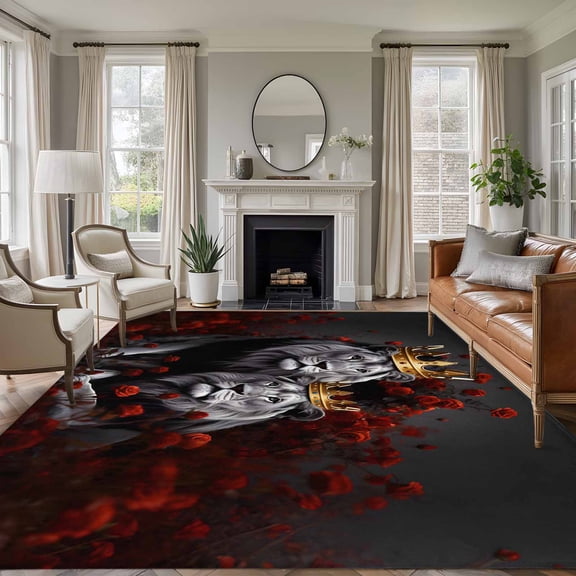Large Area Rugs for Living Room Bedroom, Lions Couples 8'x10' Rug Washable Carpet Runner Indoor Outdoor, Valentine's Day Red Roses Crown Animal Non Slip Floor Mats Rug for Kitchen, Patio