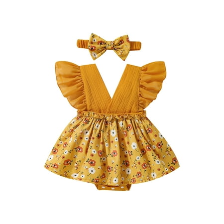 

Suanret Infant Baby Girls Romper Dress Floral Print Patchwork Ruffles Fly Sleeve Jumpsuit Summer V-Neck Bodysuit with Headband Ginger 3-6 Months