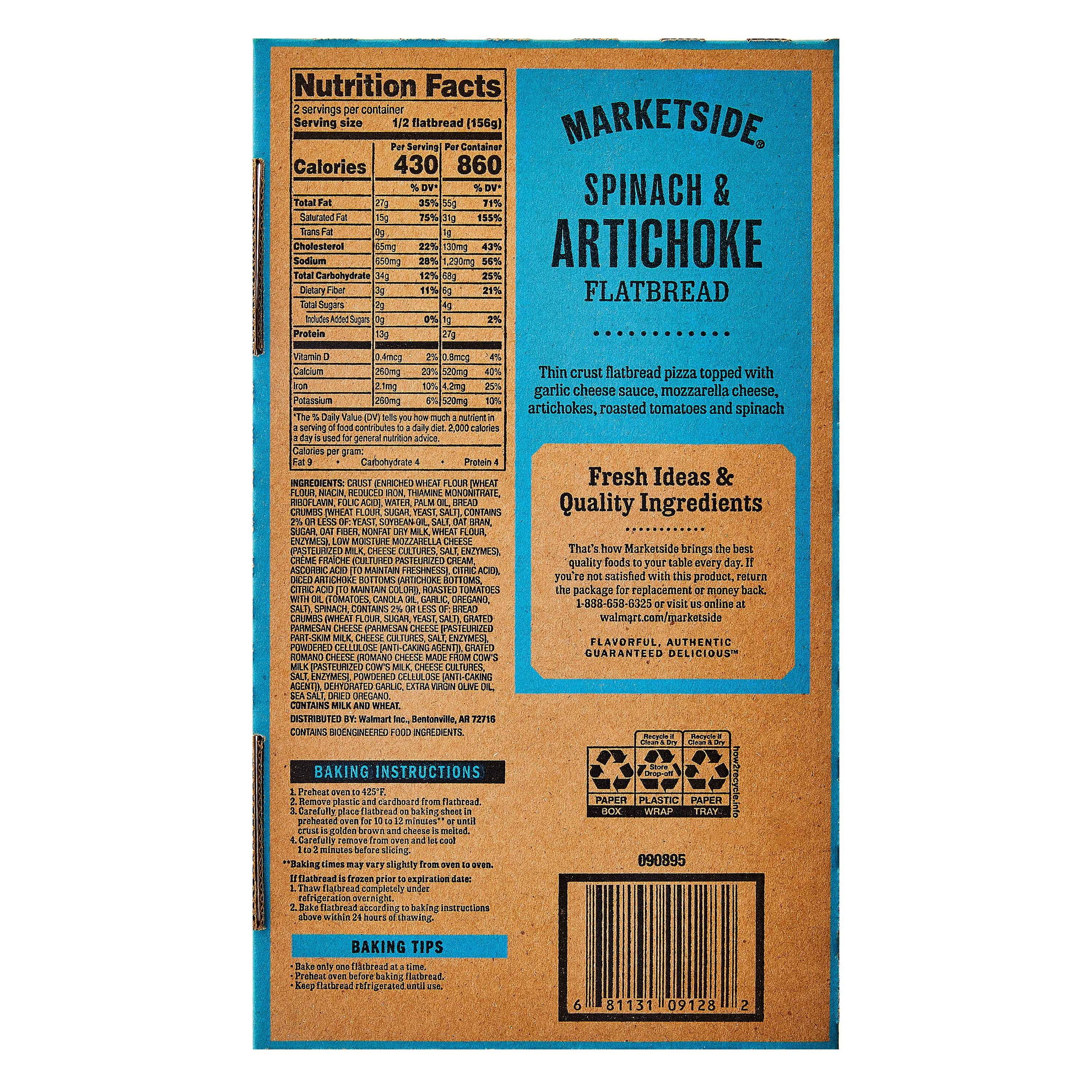 Marketside Artichoke Spinach Tomato Flatbread Pizza, White Garlic Sauce, 11 oz (Fresh)