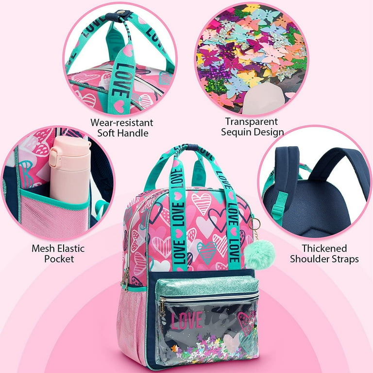 IvyH Girls 17 Sequins Heart Love Backpack Cute Book Combo Set with Waterproof Lunch Bag Pencil Case Walmart