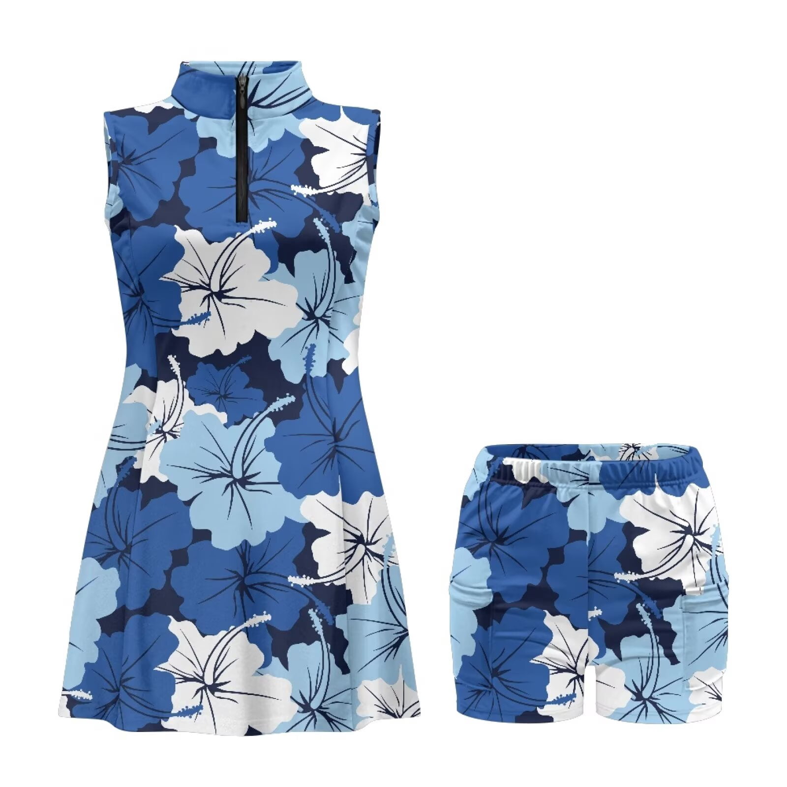 Yuyamidu Blue Hibiscus Flowers Womens Tennis Dress A-Line Workout Exercise Athletic Dress with Inner Shorts Summer Clothes Size M Breathable Athletic Dresses