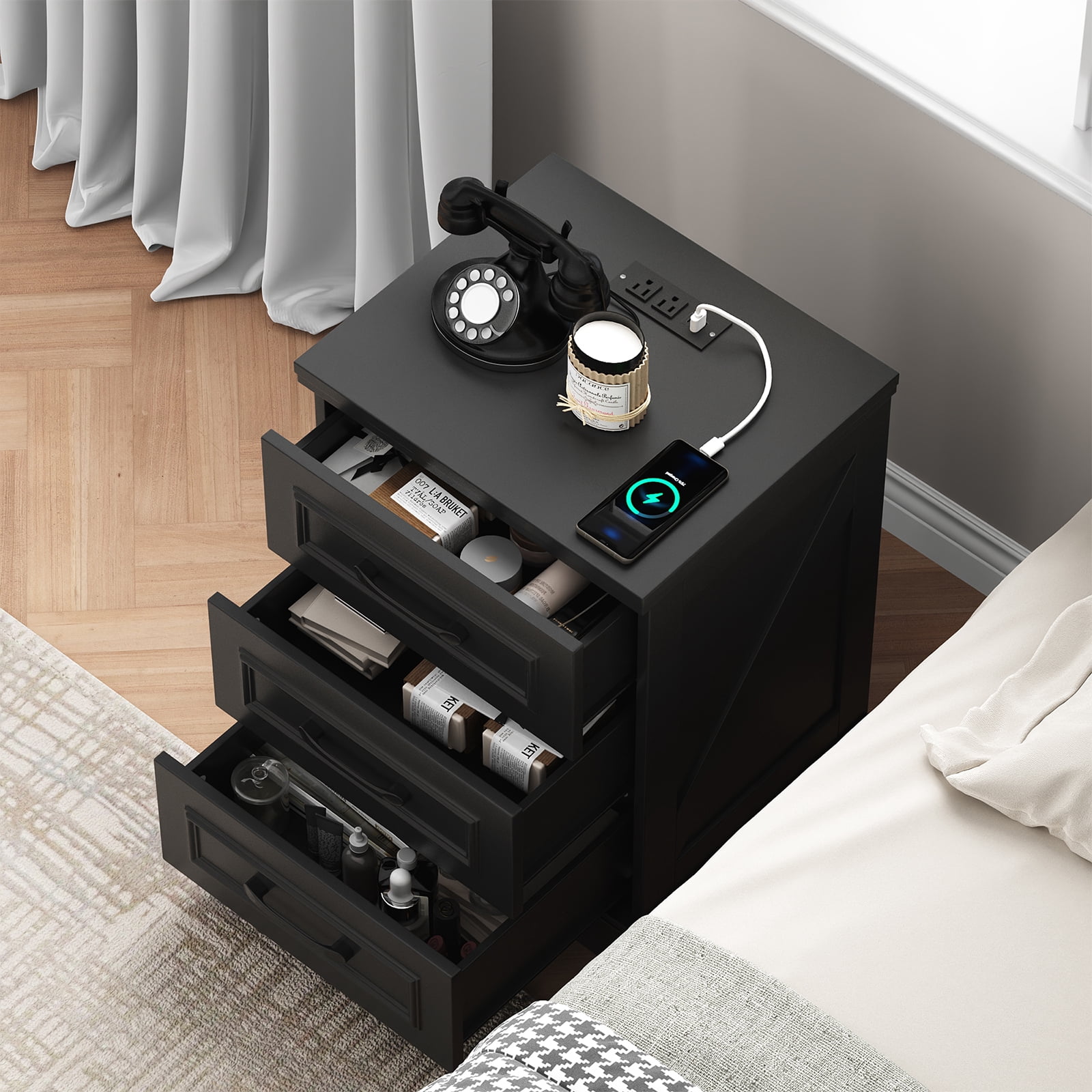 IDEALSOUL Nightstand for bedroom, Black Farmhouse End Table with Charging Station,3 Drawers Storage