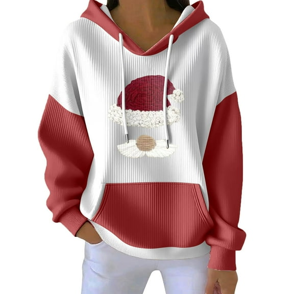Women's Loose And Comfortable Drawstring V-neck Long Sleeved Christmas Print Hoodie, Holiday Season Fashion Wear, Comfortable and Warm Pullover,Wine,S