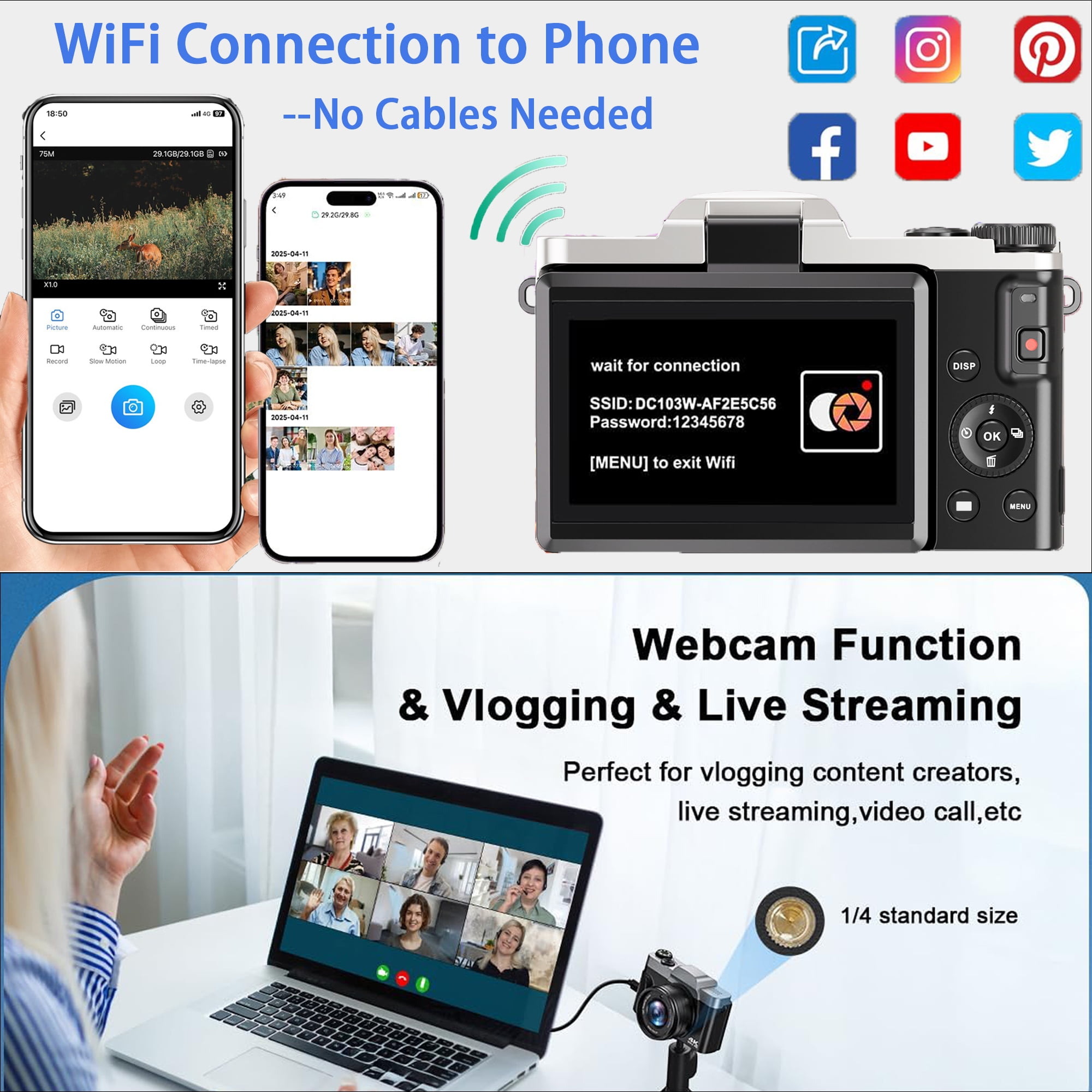 BREWENE Digital Camera 4K 64MP WiFi Vlogging Camera for YouTube with 32GB SD Card 16X Zoom Video Camaras with 3"180° Flip Screen