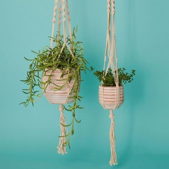 Striped Macrame Terracotta Hanging Pot Set