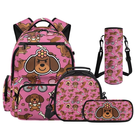 Pzuqiu Dachshund Dog 4-Piece Girls Backpack Set-17 Inch Large Capacity Backpack with Lunch Box Pencil Case Water Bottle Holder,Suitable for Elementary Middle School Back to School