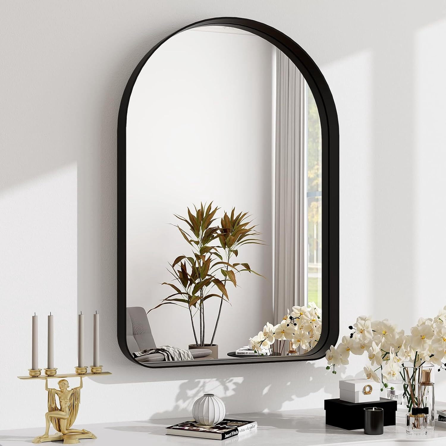 Mirrasia 36"x 24"Arched Bathroom Mirror Wall Mounted Deep Frame,Black