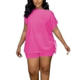 thumbnail image 2 of Riforla Ladies Fashion Casual Solid Color Sleeve T Shirt Drawstring Top Shorts Set Short Sets for Women Hot Pink L, 2 of 6