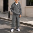 thumbnail image 4 of Kids Boys 2 Piece Waffle Knit Outfit, Quarter Zip Pullover Hoodie with Pocket & Elastic Waist Sweatpants, Soft Casual Sport Tracksuit Dark Gray 5 Years, 4 of 9