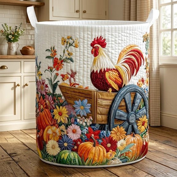 Rooster Laundry Basket, Farmhouse Storage Basket, Fall Harvest Laundry Hamper, Pumpkin Farm Decor Bin, Country Chicken Laundry Basket