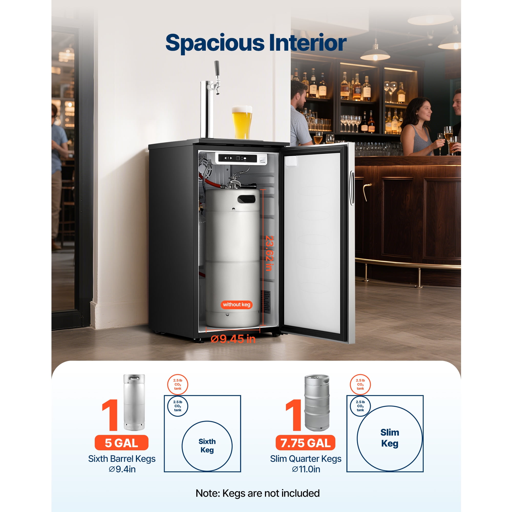 KFFKFF Single Tap Beer Kegerator, Draft Beer Dispenser for D System, Refrigerator with Shelves, Fits 1 Sixth Keg, Includes 2.5lbs CO2 Tank, 92L Capacity