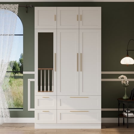 KULAGAGA Armoire Wardrobe Closet with Mirror and Hanging Rod, Modern Wooden Bedroom Armoire with Shelves and 4 Drawers, Clothes Storage Cabinet Organizer for
