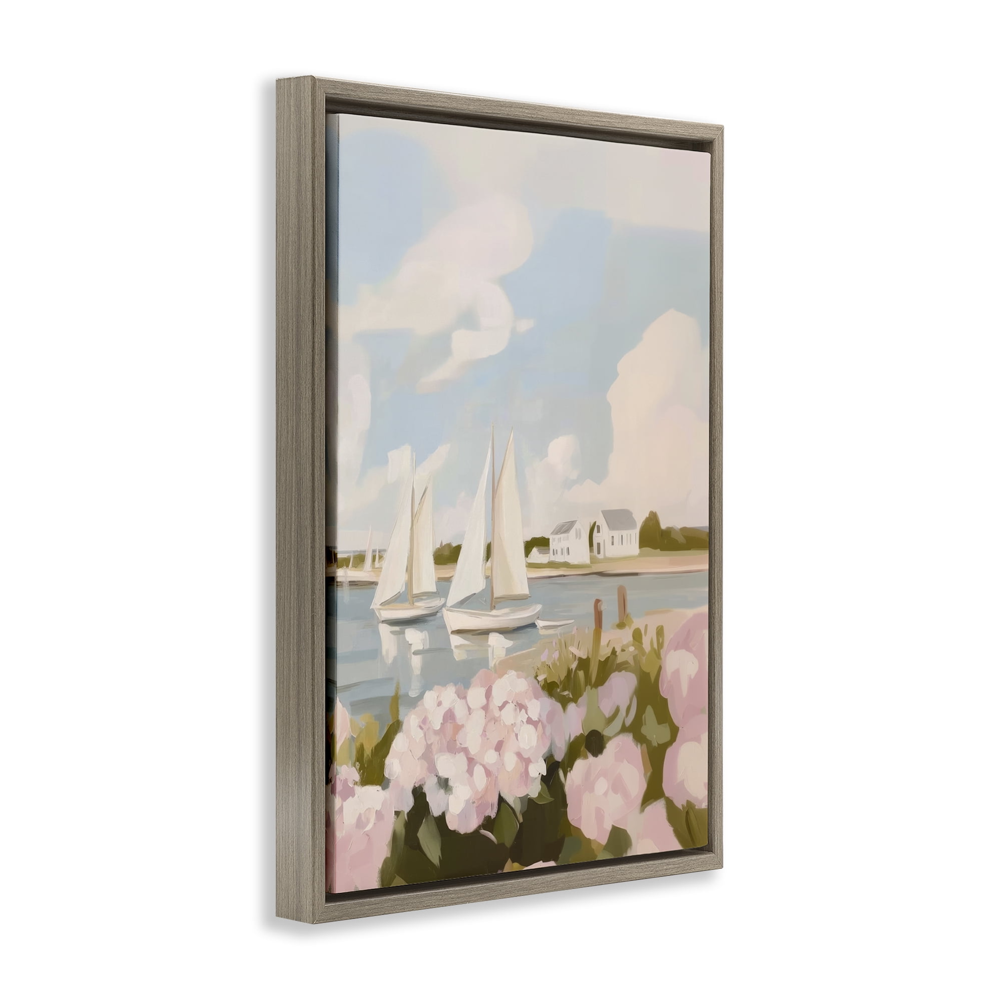 Stupell Industries Pink Hydrangeas with Sailboats Brown Framed Floater Canvas Wall Art, design by Sisi and Seb
