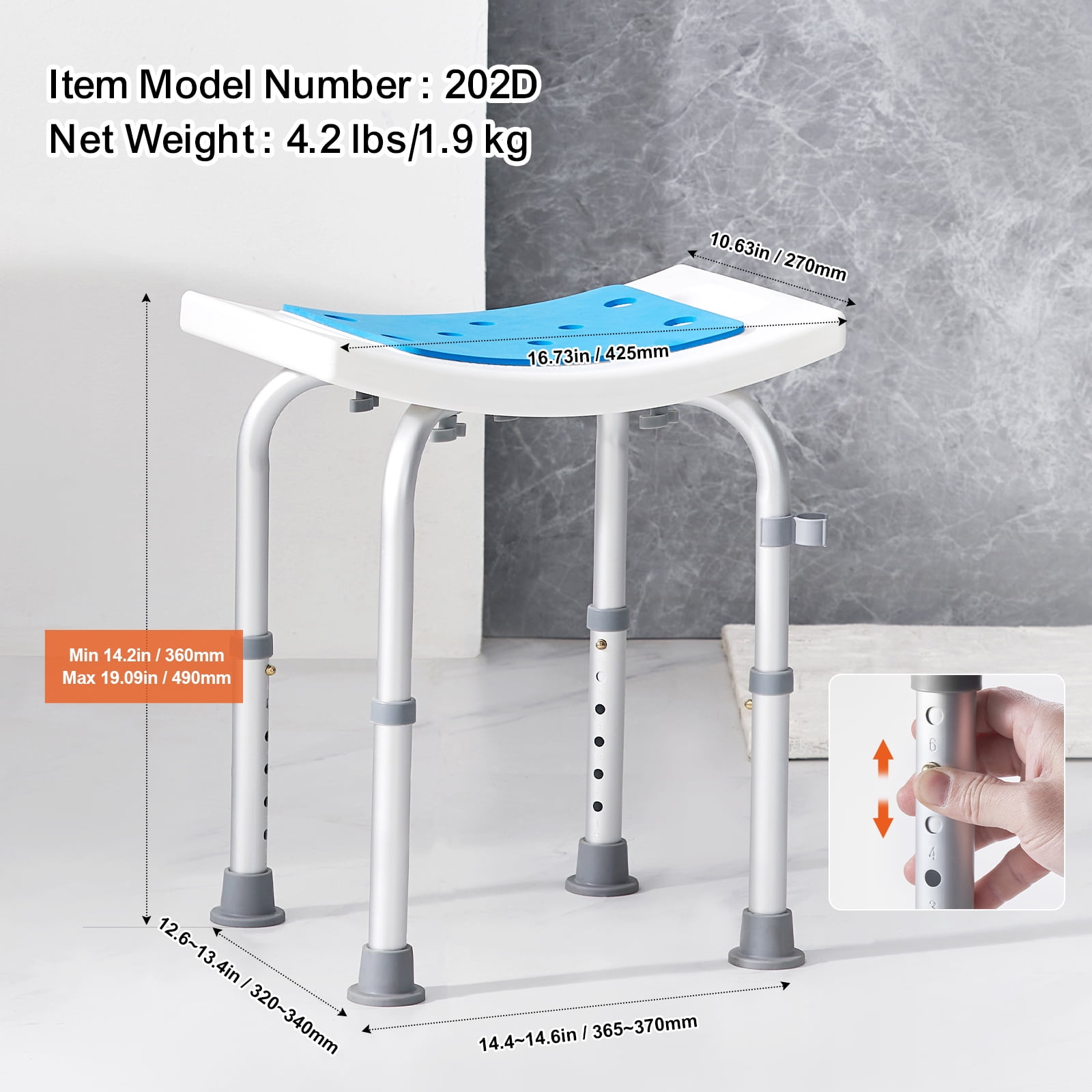 KFFKFF Adjustable Shower Chair, 350 LBS Height-Adjustable Bath Stool, With 4 non-slip foot padsSecure Seating for Shower or Bathtub, Anti-Slip Shower Bench for Seniors, Disabled, Handicap