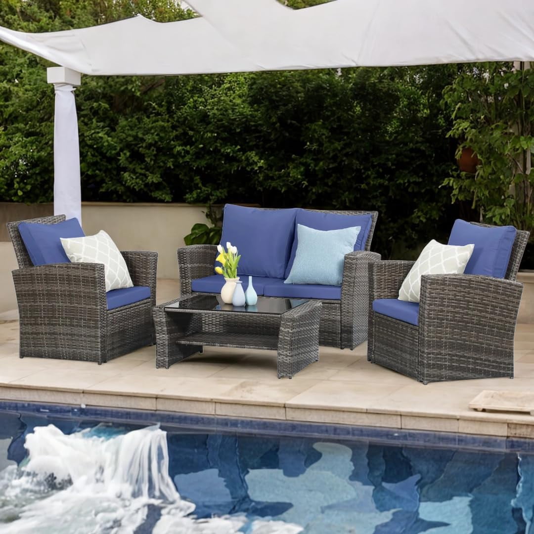 CozyHom 4 Pcs Outdoor Patio Furniture Sets Wicker Sofa Sets, Rattan Conversation Sofa Sets With Cushion For Backyard Lawn Garden And Porch Deck, Blue