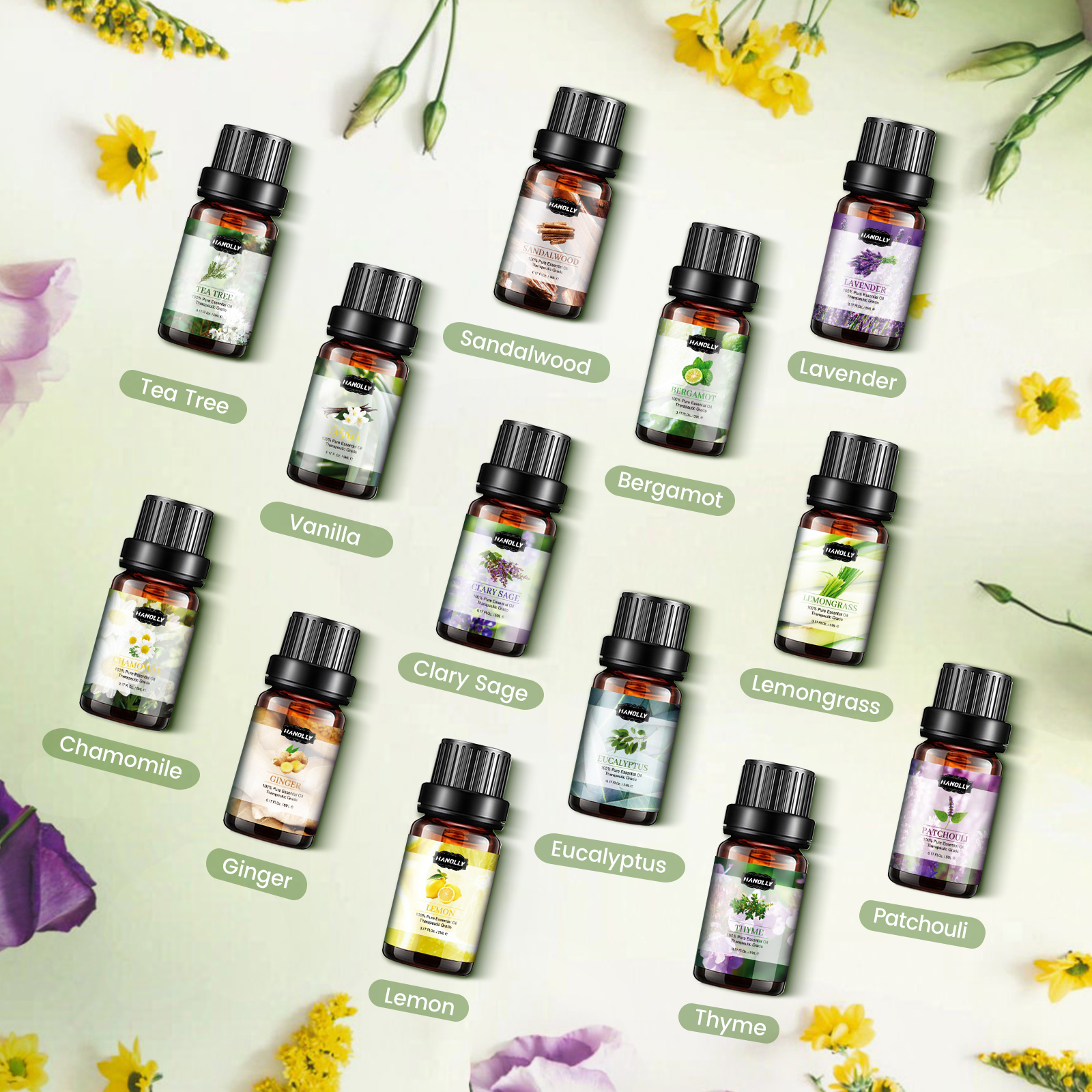 Hanolly Floral Essential Oil Set - 26 x 5ml Undiluted Oils for Diffuser, Massage & Skin Care