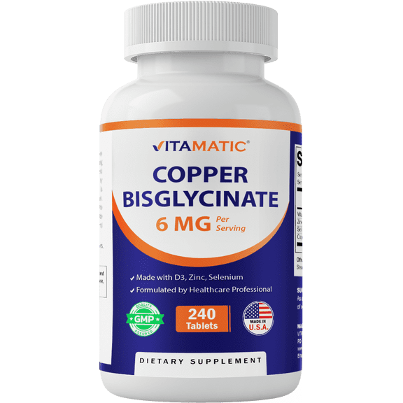 Vitamatic Copper Bisglycinate 6 mg Made with Vitamin D3 2000 IU, Zinc 50mg, Selenium 50mcg - 240 Tablets - Non-GMO & Gluten Free