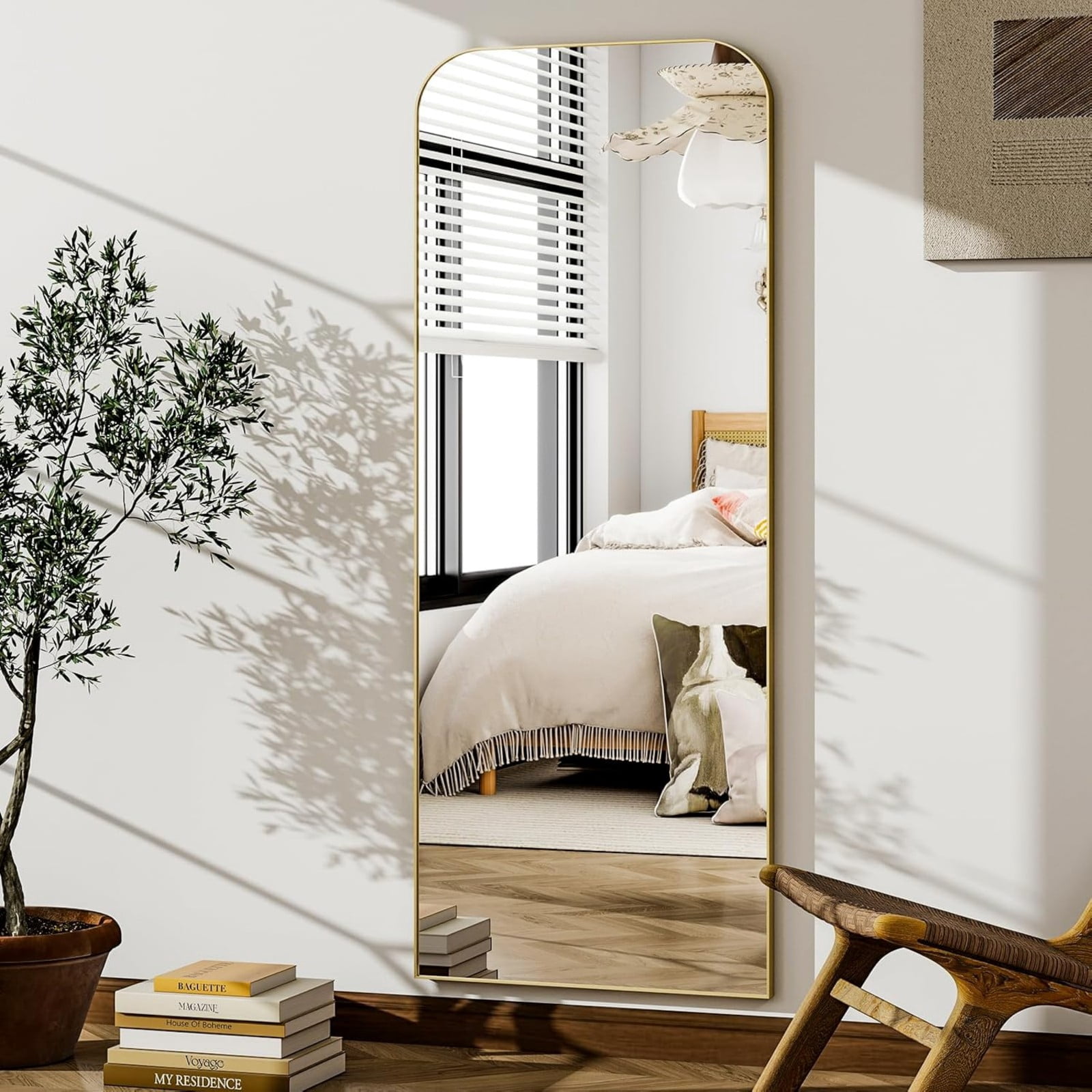 AUROMIR 64"x21" Arched Full Length Mirror Freestanding Floor Mirror with Metal Frame, Gold