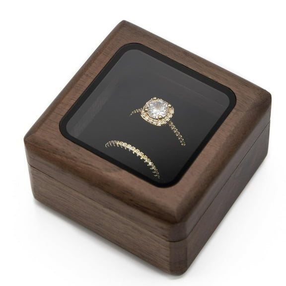 Double Ring Box (Glass Lid) - Wedding Ceremony Ring Bearer Box Walnut Wood with Clear Transparent Lid, Proposal Engagement Ring Storage for 2 Rings, Unique Gift for Her, Two Slots, 2.25 x 2.25 x 1.75