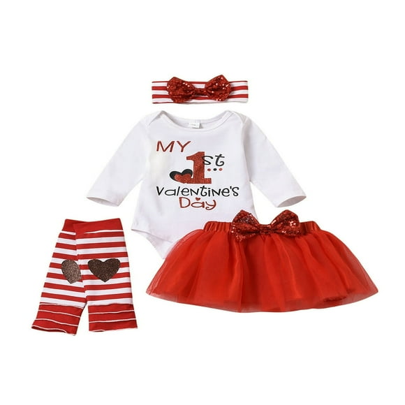 Newborn Infant Babygirl My 1st Valentine‘s Day Ruffle Outfit Romper Tutu Skirt Leg Warmer Headband 4Pcs Set