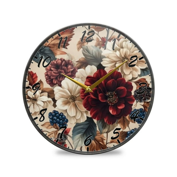 Round Clock Wall Clock Decorative Clock 9.5" Sizes Clock Burgundy Hydrangeas