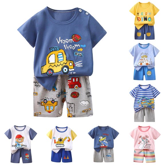 Toddler Boys Summer Outfits Cartoon Printed Short Sleeved Tops and Shorts 2Pc Children's Suit Sets Size 18-24 Months ,Blue