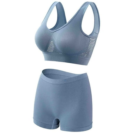 Women s Wireless Gathered Seamless Suspender Solid Color Push Up Breathable Gathered Sports Bras Underwear Panty Set Blue Xxxxxl