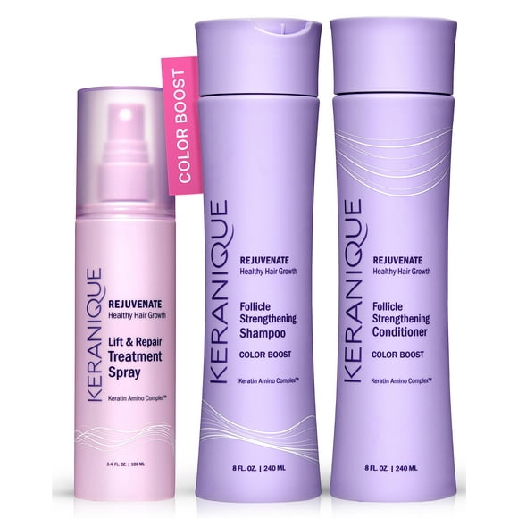 Keranique Color Treated Shampoo and Conditioner Set with Hair Thickening Spray - Keratin Enriched Color Boost Set w/Shampoo & Conditioner and Lift & Repair Spray for Women w/Fin