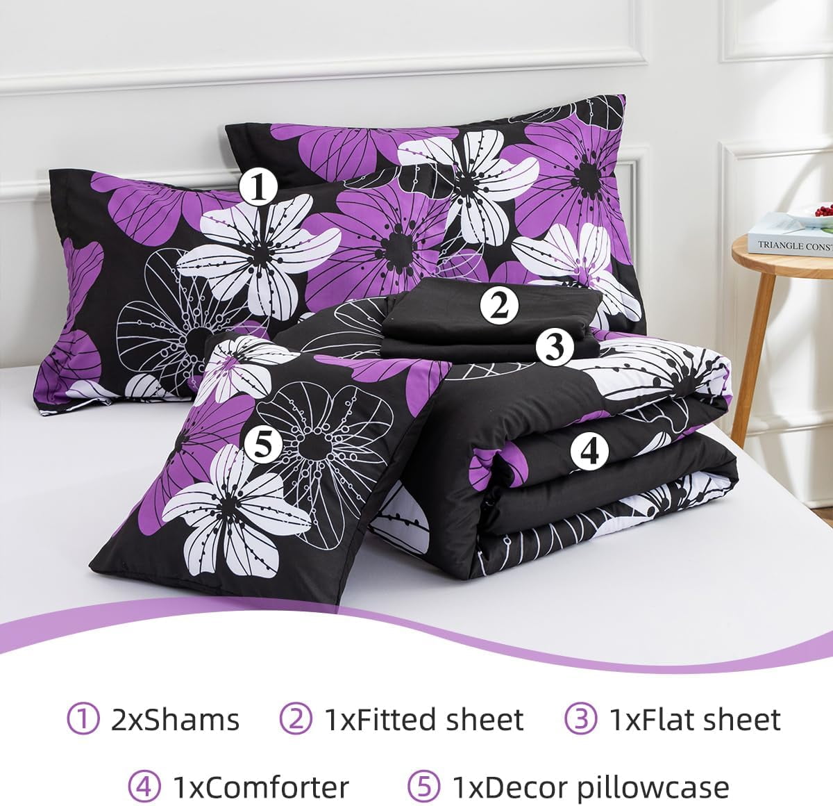 NTBED Floral Comforter Set Queen 6 PCS Bed in a Bag Purple Flowers Printed on Black Botanical Bedding Sets Boho