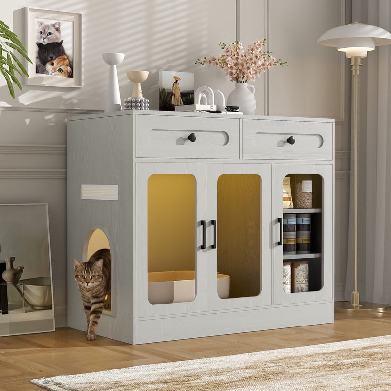 Mirightone Large Hidden Cat Litter Box Furniture&nbsp;with Storage Drawer & Glass Door, Cat Litter Box Enclosure with LED Light, Cat Litter Box Cabinet for Living Room & Entryway, Grey