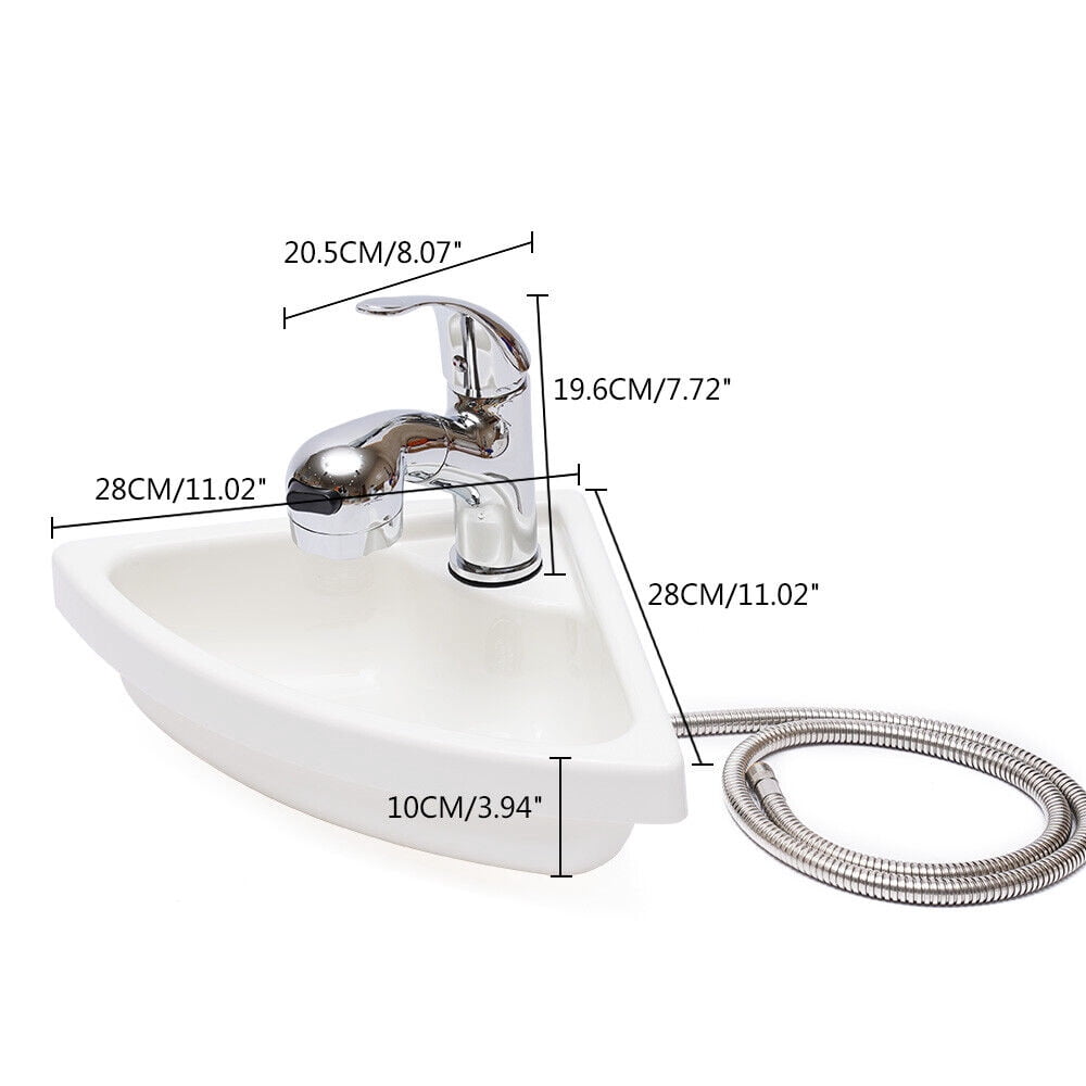 Acrylic RV Triangular Sink with Faucet + Drain Hose Kit Caravan Camper Boat RV Triangular Bathroom Sink Pull Down Sprayer Faucet Kit Lavatory Acrylic Triangular Sink With Faucet & Drain & Hose White