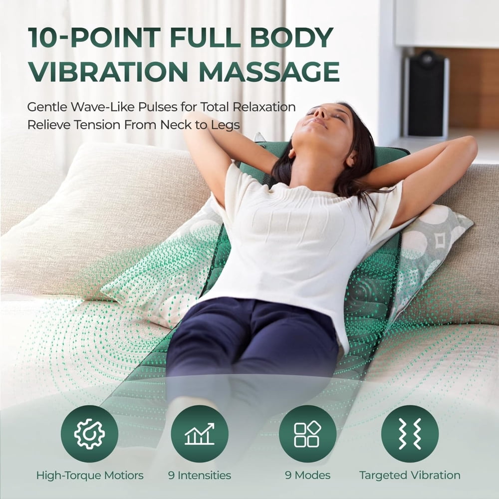 10 Vibrating Motors 9 Speed Settings Full Body Vibration Massage Mat w/ Heat, Detachable Pad for Home and Office, Green