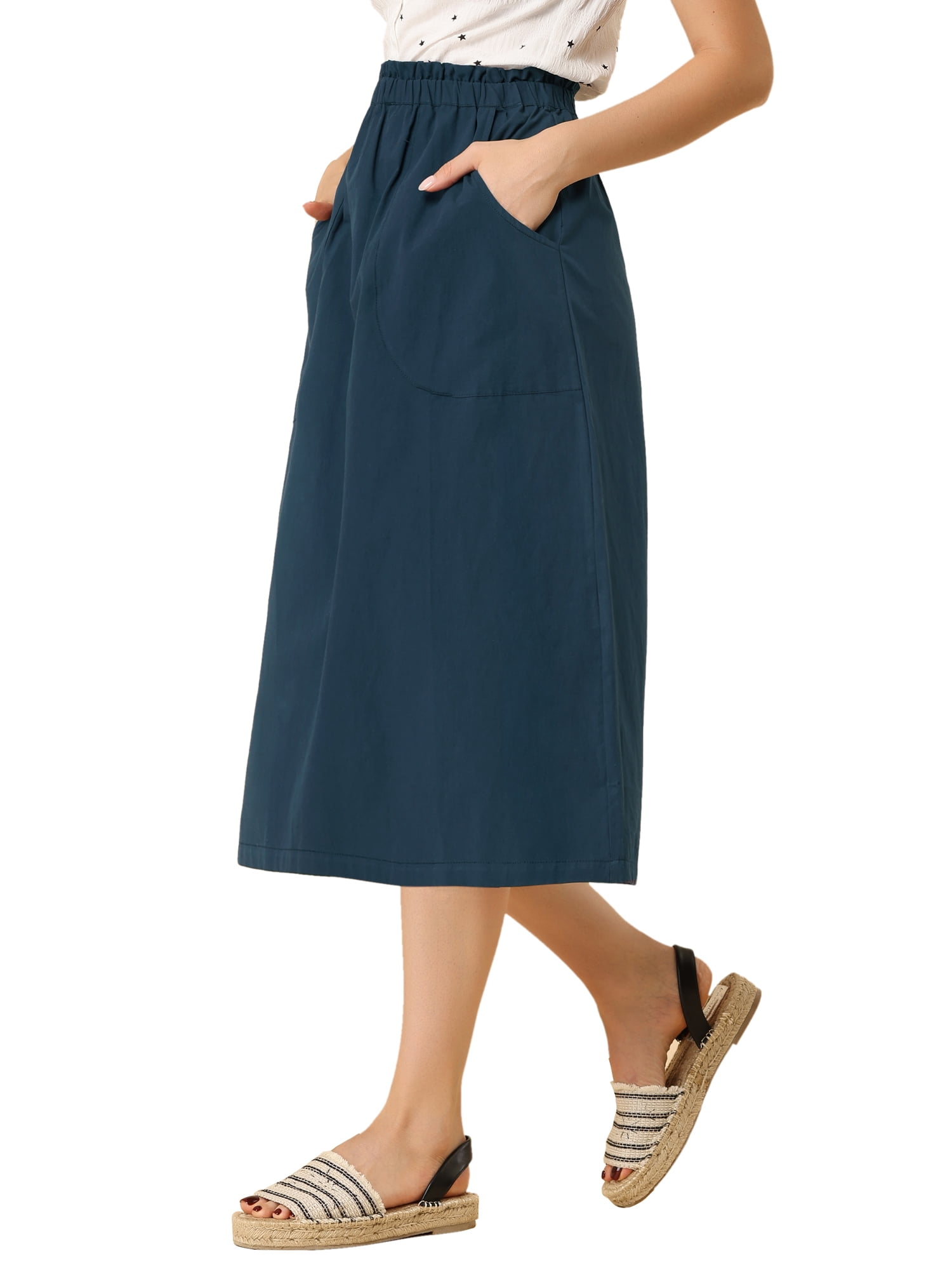 DARING DIVA Women's Cotton A-Line Midi Skirt with Pockets M Dark Blue