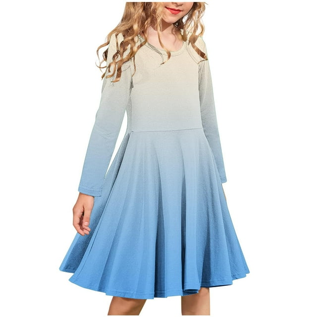 Zwiiyzr Robes pour Filles Patineuse Tournoyante Extensible Ligne A Tout-Petit Couleur Dégradée Robe Longueur Genou Bleu