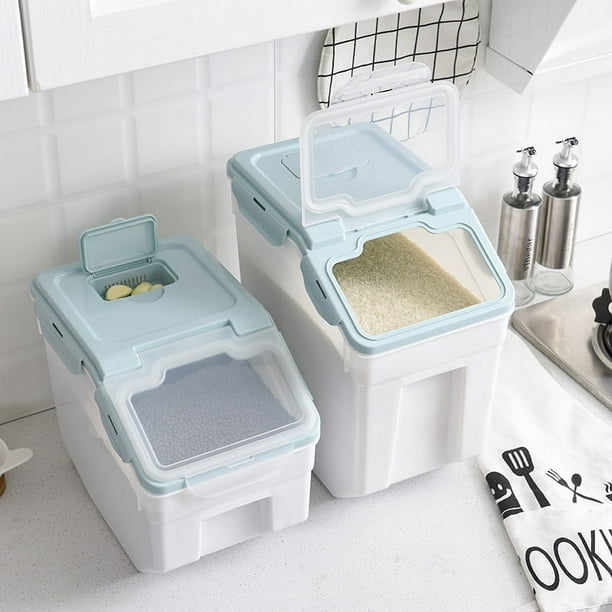 Cubo de arroz de plástico con forma de concha para el hogar, cubo de arroz transparente sellado de 10 kg, caja de arroz de 20 kg a prueba de humedad e insectos para la cocina