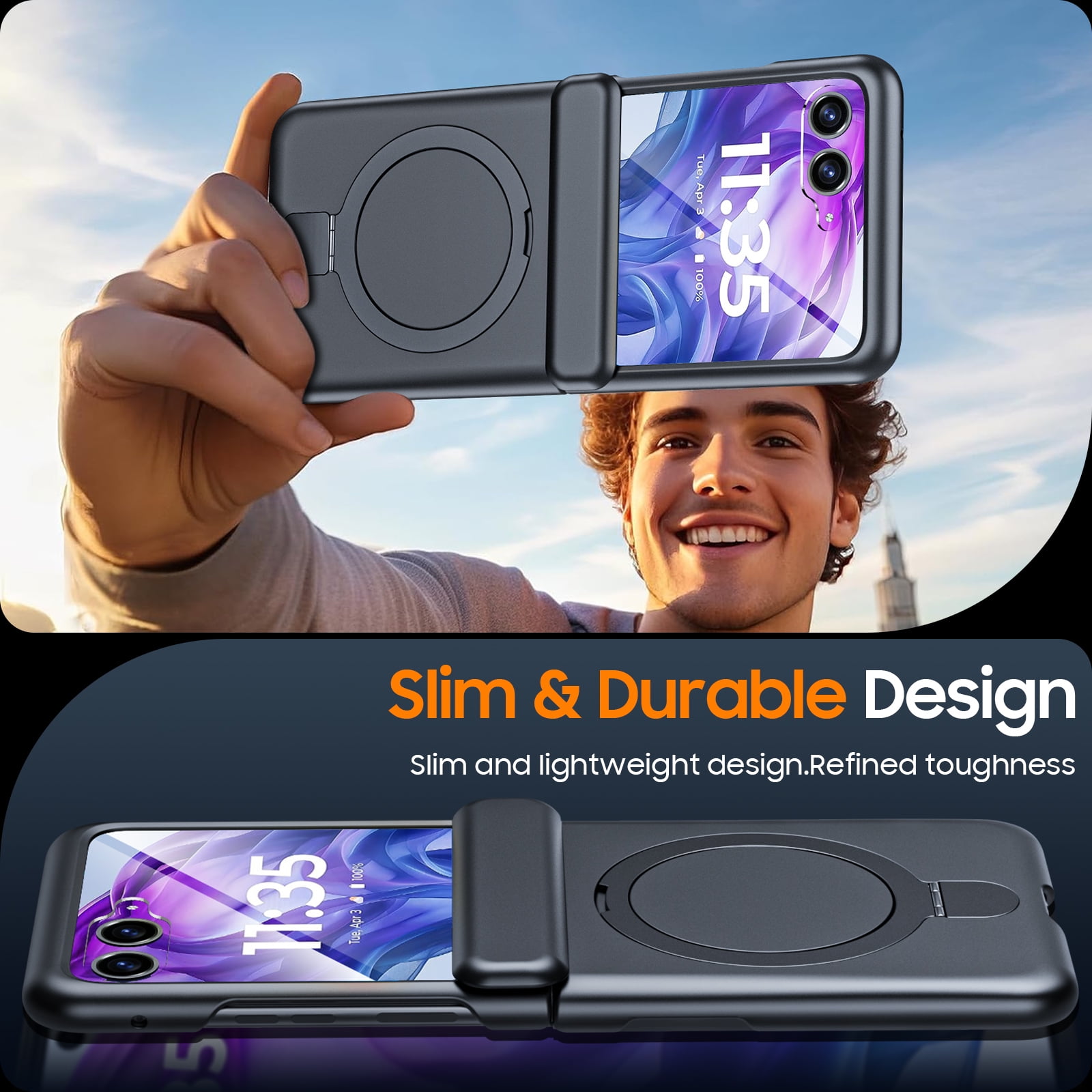 Oupeigar For Motorola Razr 2024 Ultra Phone Case With Hinge Protection,Screen Protector,Magnetic Ring Stand,Full-Body Shockproof Rugged Case-Black