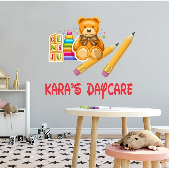 KIDS DAYCARE - Vinyl Child Care Multicolored Decoration Sticker Teddy Bear Alphabet Cube Toys Design Adhesive Kids Playroom Nursery Personalized Name Wall Decal 10" x 9"