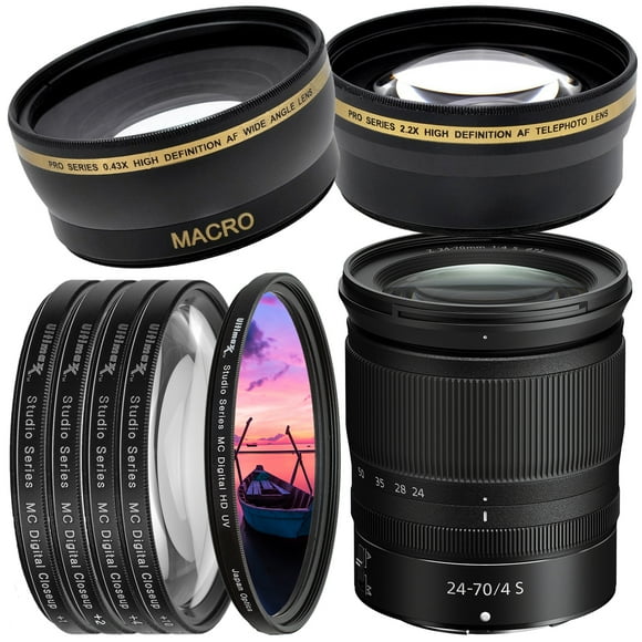 Nikon NIKKOR Z 24-70mm f/4 S Lens with Essential Filter Bundle - Includes: High Definition .43X Wide Angle Lens with Macro, Professional UV Filter, Multi-Coated 2.2X Telephoto Lens, and MUCH MORE