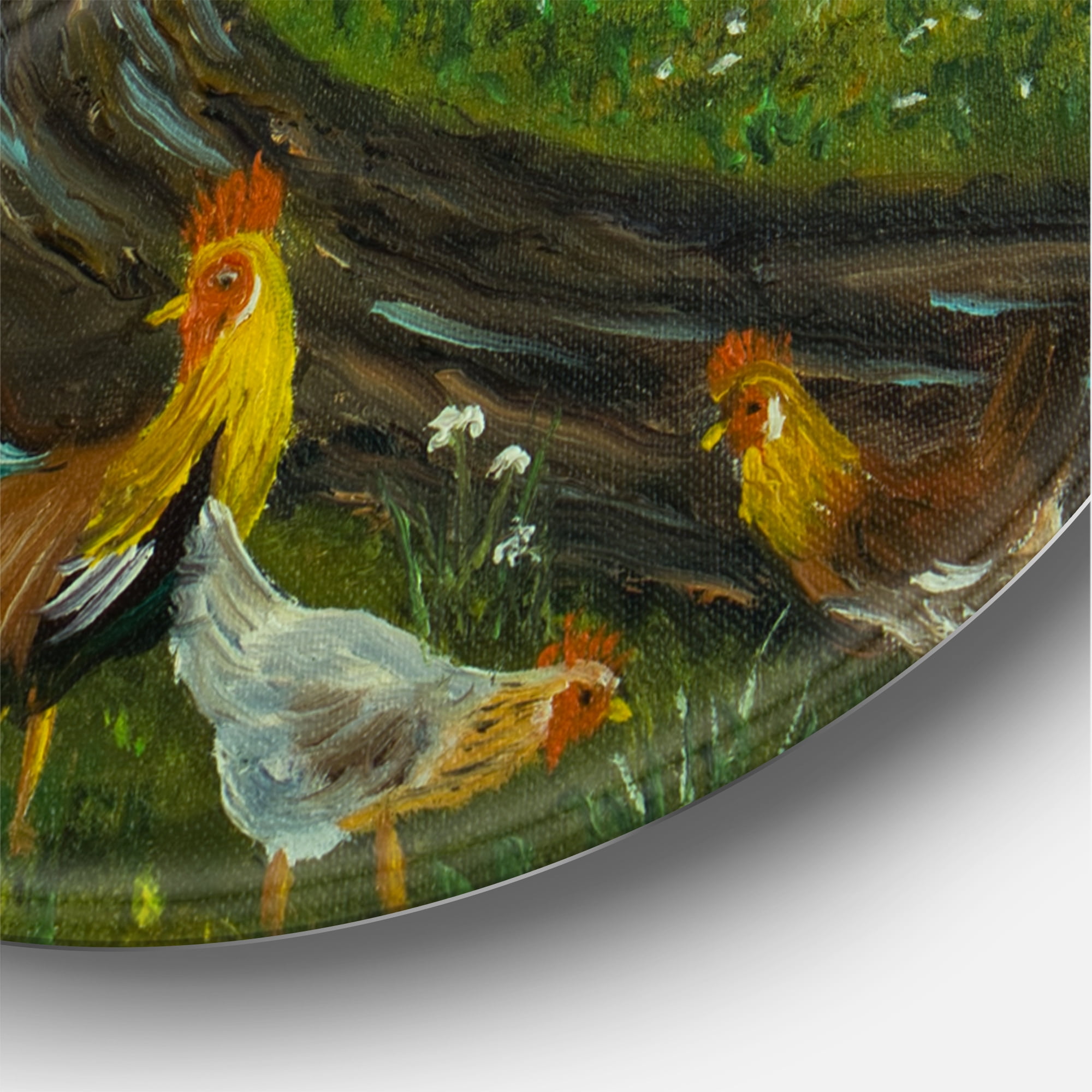 Designart 'A Cock and Three Chickens In A Meadow With Flowers' Farmhouse Circle Metal Wall Art 29x29 - Disc of 29