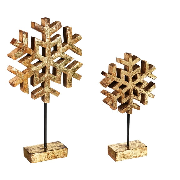Evergreen Wood Metallic Finish Snowflake on Stand Table Decor, Set of 2