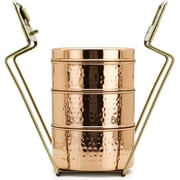 Traditional Royal Indian Copper Hammered with Brass Handle Tiffin Box Animal with Pewter Lining 3 Compartments Office Tiffin Lunch Box